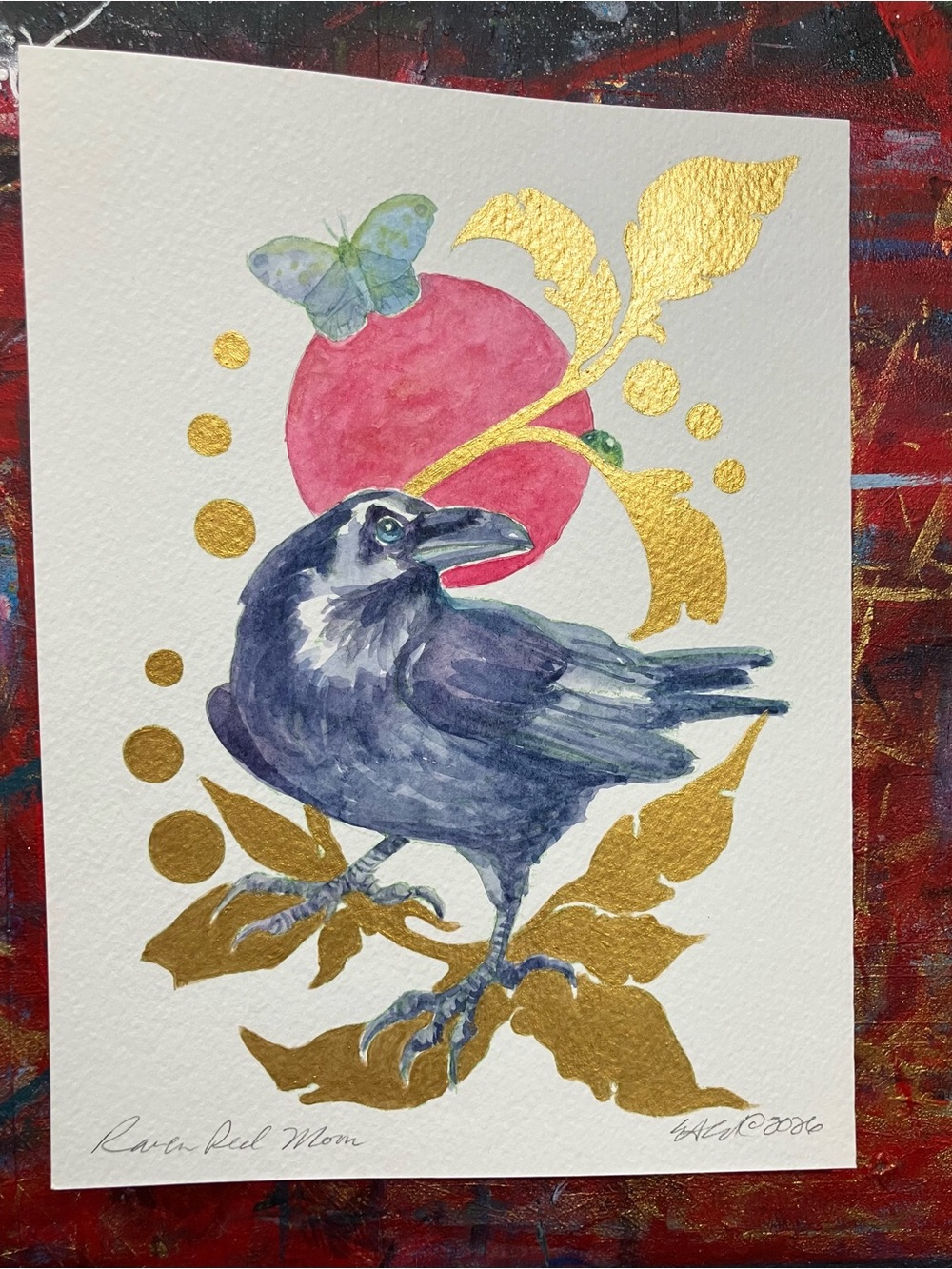 Original Raven painting butterfly bird art gold accent Artettina USA